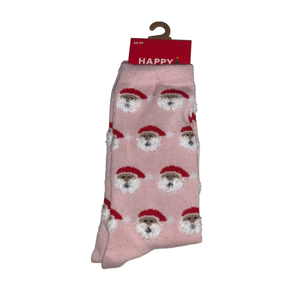 5for20 NWT Happy holiday novelty pink Santa clause Christmas crew socks
